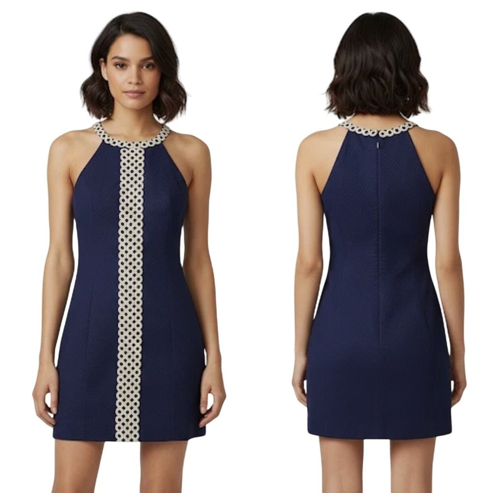 Lilly Pulitzer Sasha Shift Dress Halter Size 8 Navy Blue Metallic Gold Resort